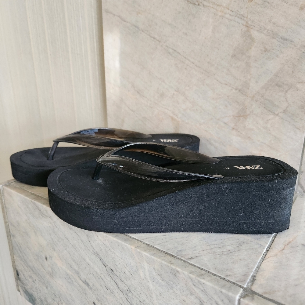 ZARA Platform Sandals Flip Flop Wedge Black 37 - Picture 9 of 11